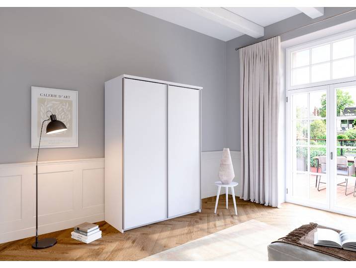 Schwebetürenschrank PRIESS Arnsberg , grau (lichtweiß), B:144cm H:211cm T:64,5cm, Holzwerkstoff, Schränke, Schwebetürenschrank
