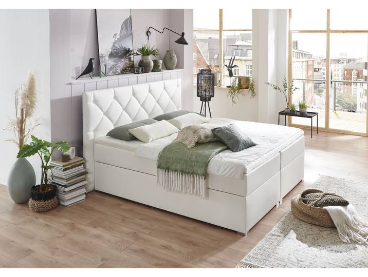 Boxbett Meike , weiß, B:220cm L:207cm, Bezug Bett: Kunstleder;Taschen-Federkernmatratze: Kunstleder; Jersey (100% PES);Topper: Jersey 100% PES, ATLANTIC HOME COLLECTION, Komplettbetten, Boxspringbett, mit XXL-Bettkasten und Topper