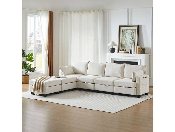 Canapé d'angle modulable U AESVAR 6 places convertible avec rangement chenille beige