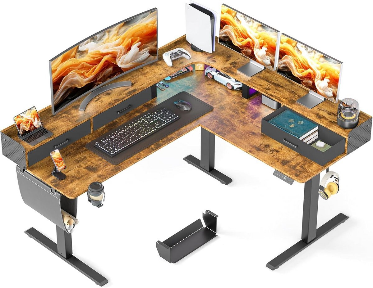 Elektrisch Bureau - Hoogte Verstelbaar - Ergonomisch L-vormig Ontwerp - Breedte: 160 cm - Rustiek Bruin