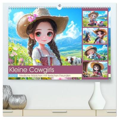Kleine Cowgirls. Niedliche Mädchen mit tierischen Freunden (hochwertiger Premium Wandkalender 2027 DIN A2 quer), Kunstdruck in Hochglanz