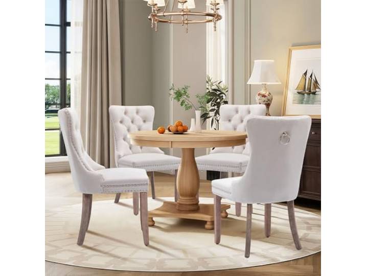 SoarTalent 4er Set Esszimmerstühle Samt gepolstert Nagelkopf, Beige Samt gepolstert, Nagelkopfbesatz, Massivholzbeinen, Metall-Ziehring, für Esszimmer & Wohnzimmer