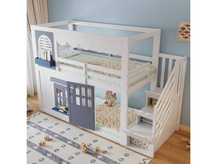 DUlVBPE Kinder Hochbett 90x200 cm Weiß mit Hausdesign, Stauraumtreppe, zu öffnender Tür und Fenstern, Wellen-Dachkante, Bett mit Rausfallschutz und seitlichem Stauraum für Kinderzimmer