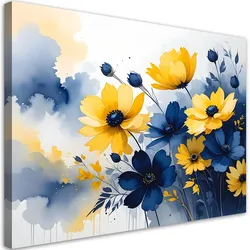 BILD auf Leinwand, Gelbe und blaue Blumen im Aquarellstil