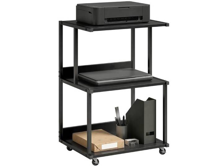 VVBV Support Imprimante à Roulettes 3 Niveaux Meuble Rangement Bureau 50x40x75cm Métal et Bois Noir