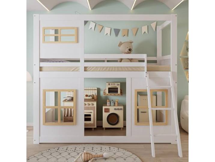 Merax Etagenbett Kinderbett 90x200 mit Fenstern, Stabiler Trittleiter & vierseitiger Umzäunung – Massivholz Kiefer + MDF, Weiß/Natur, Kinder Hochbett ohne Matratze