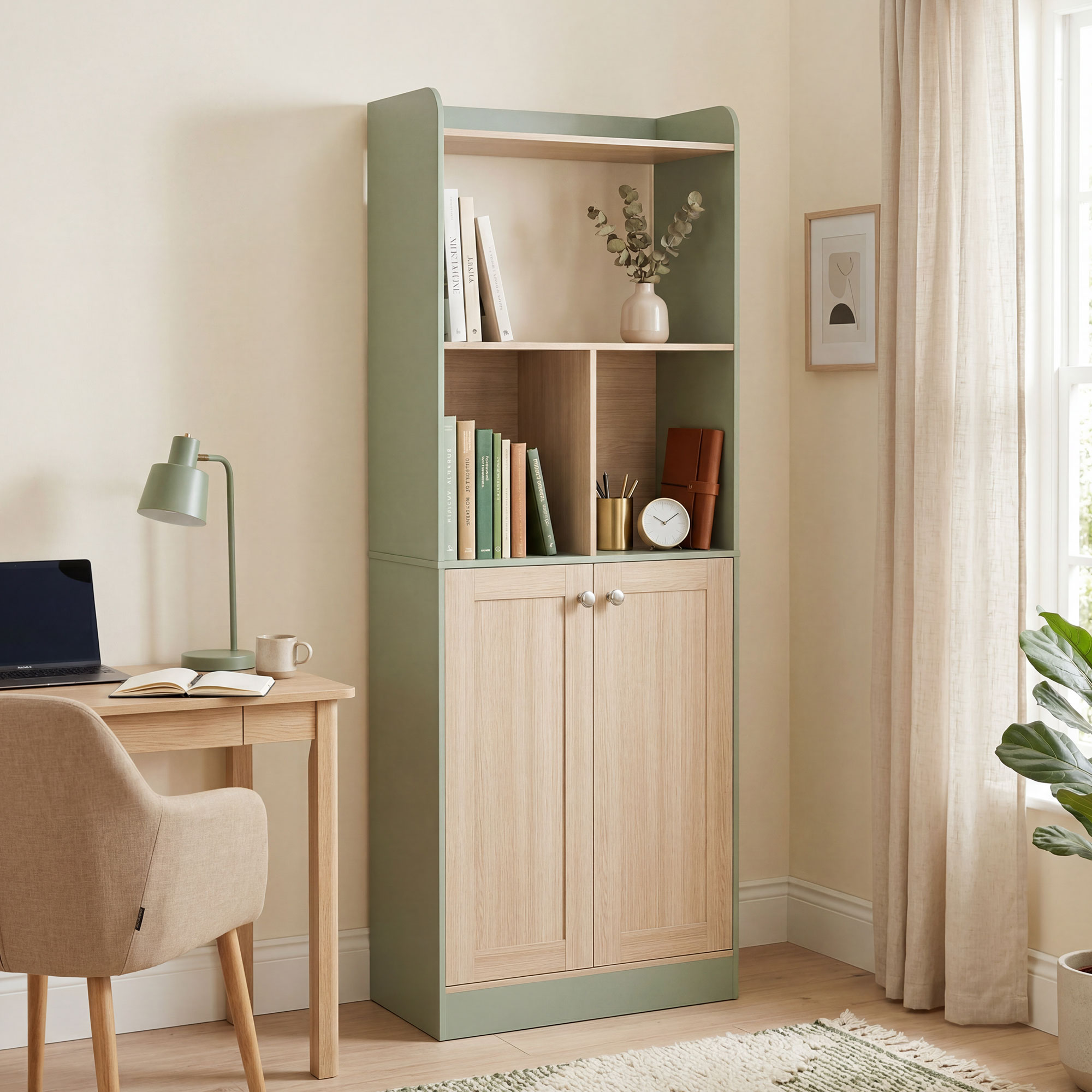 Homcom Libreria a 5 Livelli, Mobile Contenitore, Scaffale per Libri con 2 Ante, 60x30x161,2 cm, Verde e Legno Naturale   Aosom Italy
