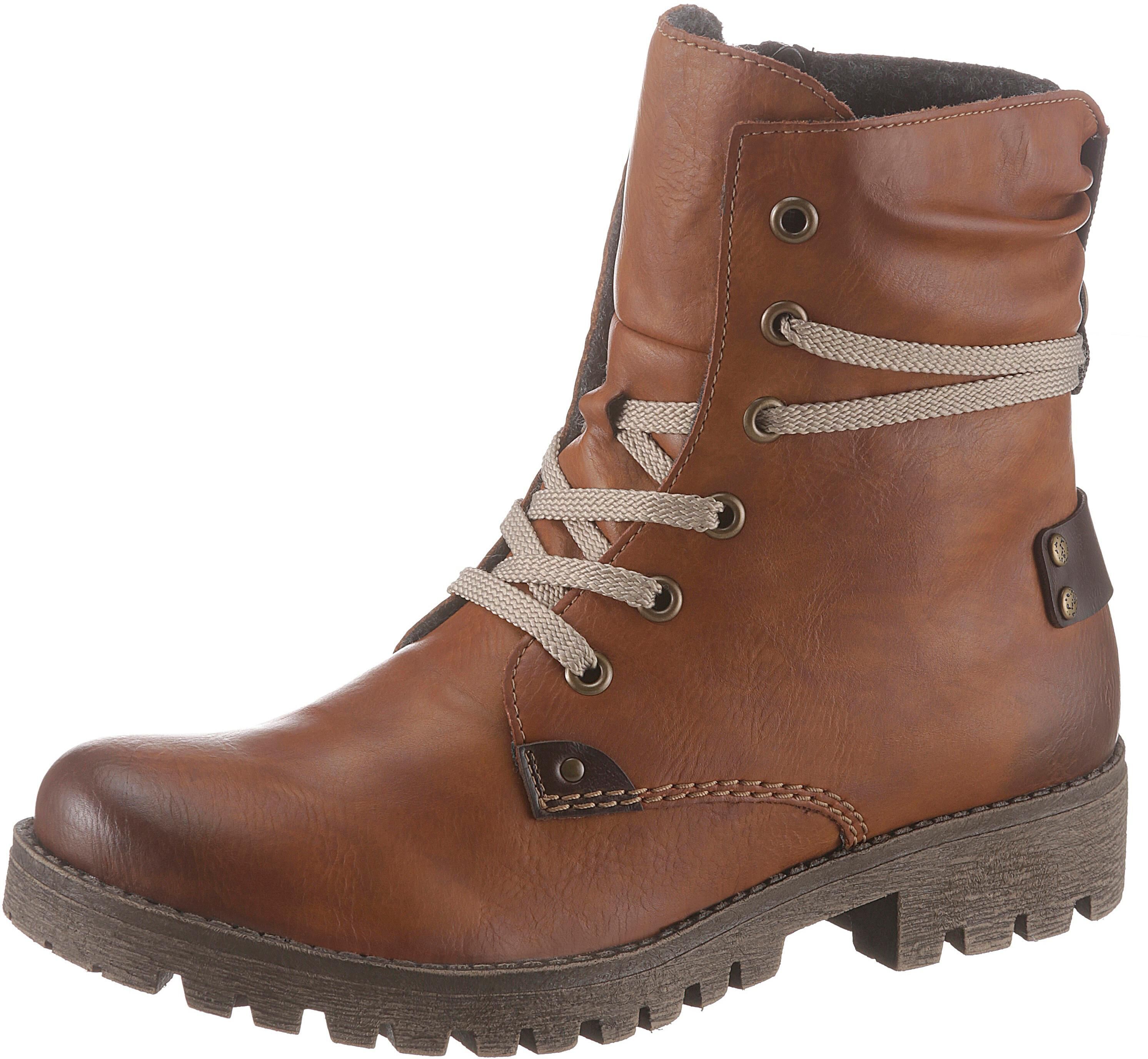Schnürboots RIEKER, Damen, Gr. 38 (5), Textil, braun (cognac, used), Lederimitat, used, Schuhe Schnürboots, mit herausstechender Schnürung cognac, used 38 (5), Textil