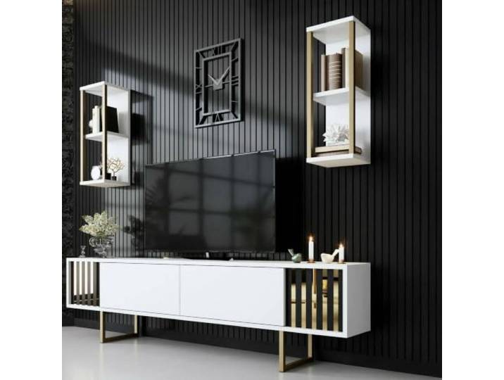 Dmora TV-Schrank Eunomia, Weiß, 180x30x48, 5 Fächer, 6 Einheiten
