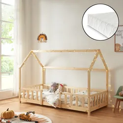 Hausbett Sisimiut mit Matratze und Rausfallschutz 90x200 cm Natur [en.casa]