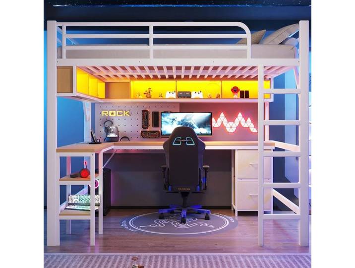 Lit Mezzanine Métal 140x200 Bibliothèque Bureau Armoire LED & USB Blanc