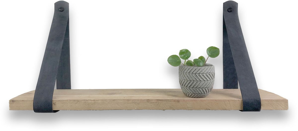Steigerhouten wandplank met zwarte leren riemen, Breedte: 60 cm, Diepte: 20 cm