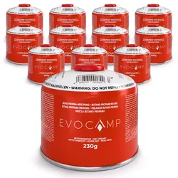EVOCAMP 12x Gaskartuschen 230g mit Schraubventil, Butan-Propan-Gas, EN 417, 7/16 Gewinde, für Gaskocher, Gasgrill, Lampen und Notfälle