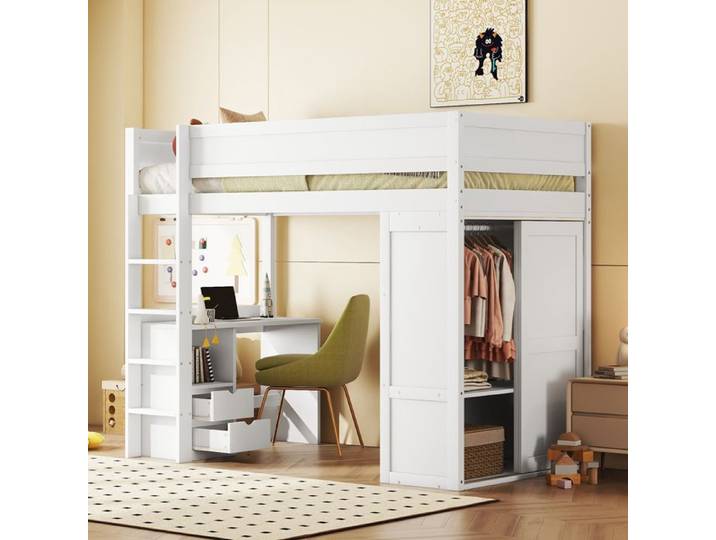 Lit mezzanine - ModernLuxe - 90x200cm - Bureau intégré - Armoire - Blanc