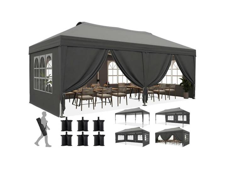 Faltpavillon 3x6m mit 6 Seitenwänden Grau Bogenfenster, Metall, 585x285x293 cm, Sonnenschutz, Pavillons