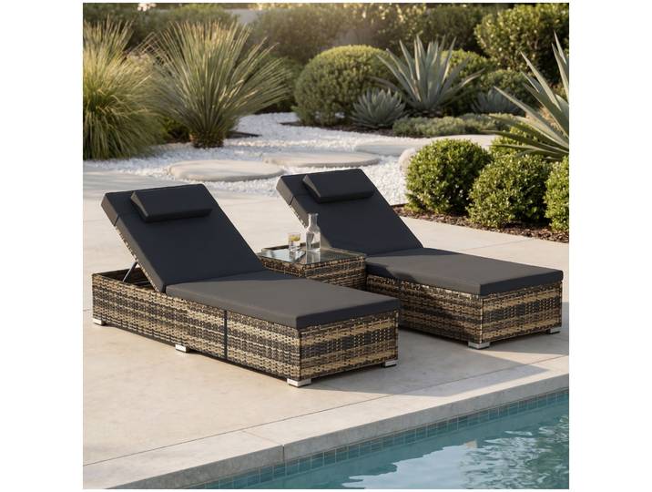 Rattan-Doppelliege mit Tisch Carbonera, verstellbare Lehne - natur