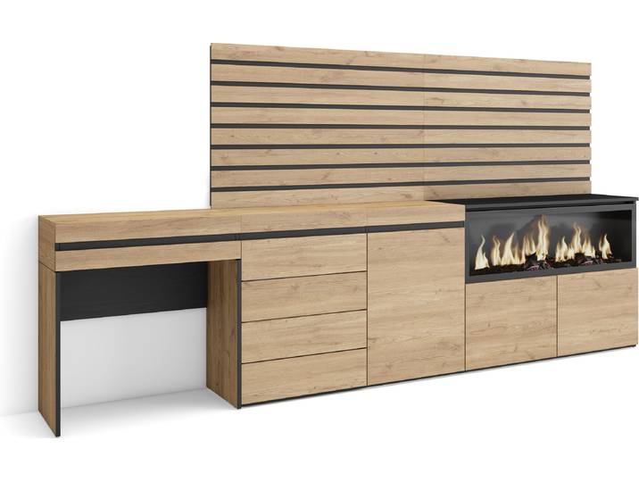 COZY Coiffeuse\, 284x35x145 cm\, Avec tiroir\, Cheminée électrique XXL\, Commode\, Buffet\, Panneaux Muraux en Bois\, Chêne