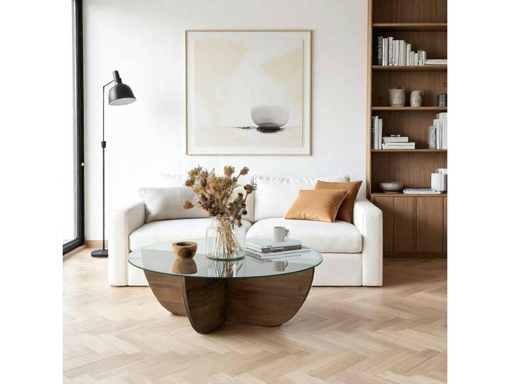 Table basse moderne en verre, pied croix en bois ANZIO - Bois foncé