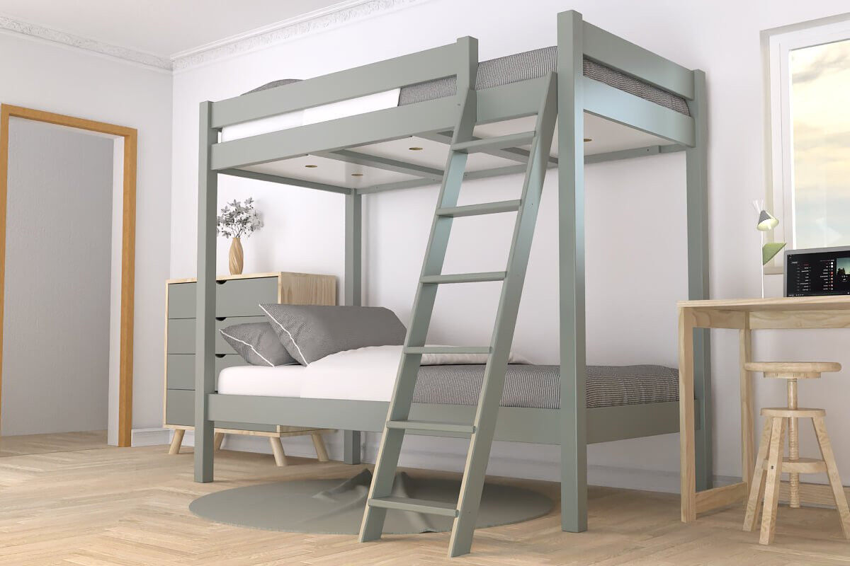 ABC MEUBLES Lit superposé 2 places 90x190 échelle inclinée bois ABC - Gris