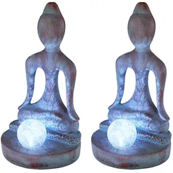 Solarleuchte Gartendeko Außenleuchte Gartenfigur Buddha Deko wetterfest, Kunststoff Glas grau bronze, 1x LED 6000K kaltweiß, H 30 cm, 2er Set