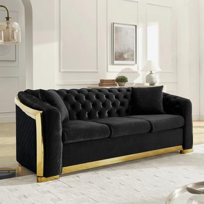 PRO_SELLERS 84-Inch 3-Seater Tufted Velvet Chesterfield Sofa with Gold Accents Bl