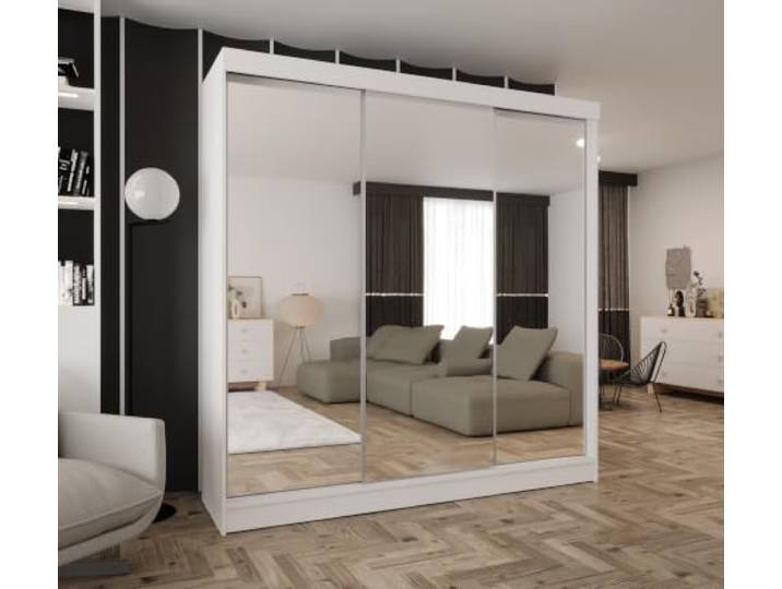 Kleiderschrank mit Spiegel und Schiebetüren Weiß 250x205 cm 2 Kleiderstangen, Ohne Schubladen, MDF Platte, Inklusive Montageset, Mit Einlegeböden, Viel Stauraum, Praktische Aufteilung