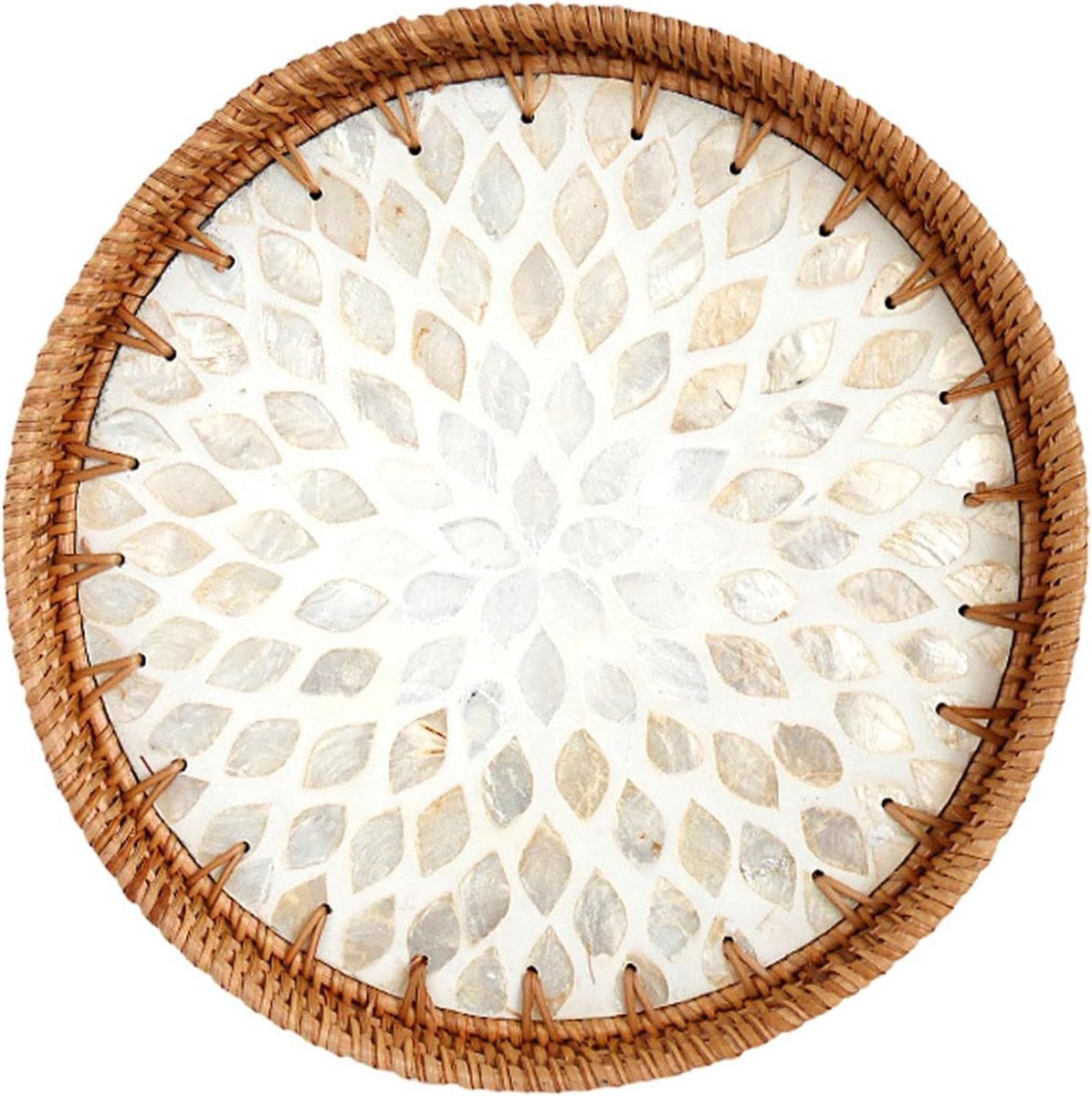 Rieten Dienblad met Parelmoer Inleg - Decoratief Bakje - Diameter: 30 cm - Natuurlijk