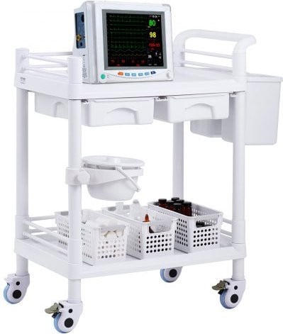 VEVOR Mobiele laboratoriumtrolley met 2 schappen, 2 lades en 3 afvalbakken, wit