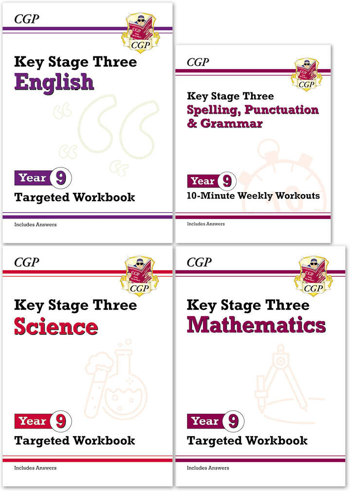 CGP Books CGP KS3 Year 9 Workbook Bundle – Ages 13-14 (Maths, English, Science, Spelling Punctuation and Grammar)