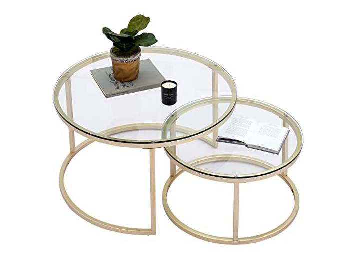hitsuki Gold Couchtische Glas Couchtisch 2er Set mit 1 Großer Couchtisch Rund und 1 Kleiner Tisch, Beistelltisch Rund aus Metallgestell Wohnzimmertisch Modern, 80+60 cm