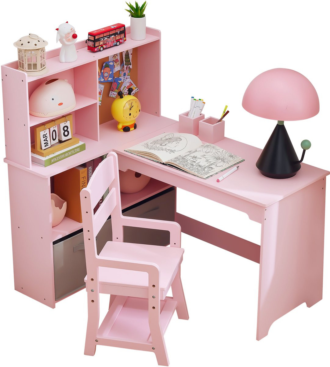 Danky Kinderbureau met stoel, spiegel en bord, roze