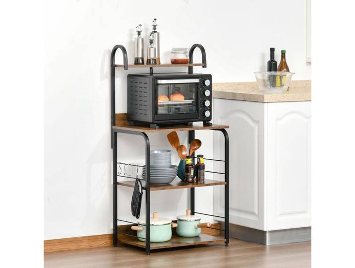 Meuble de cuisine - Étagère 4 niveaux - Support micro‑ondes - 4 crochets - Système anti‑basculement