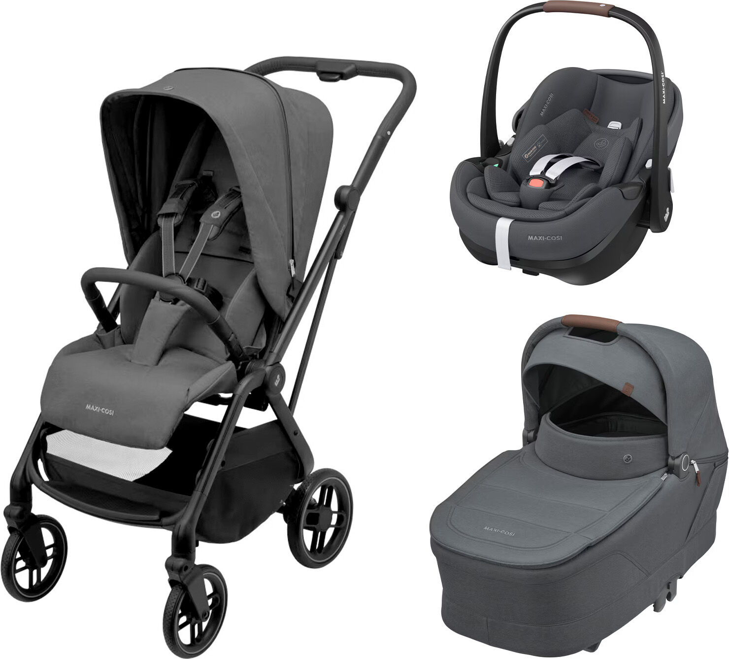 Maxi Cosi Trio Leona2 Twillic Graphite con Navicella Sense e Seggiolino Auto Pebble 360 Pro2 + Adattatori (TRIO08564-1)