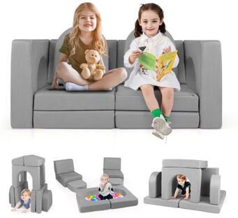 Costway 8-Piece Modular Kids Play Couch with Comfy Suede Fabric-Gray