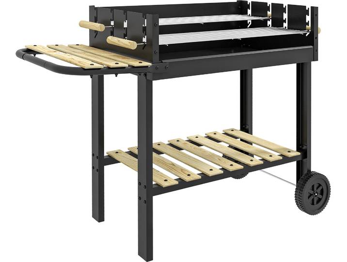 Outsunny Barbecue š€ charbon BBQ grill sur pied avec double gril ršŠglable 2 roues et 2 šŠtagššres dim. 113L x 53\,5l x 82\,5H cm noir