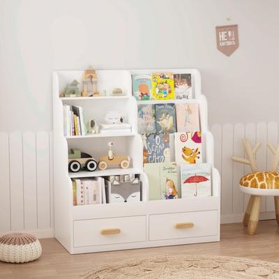 CARMORICO Kids Bookshelf with 2 Storage Drawers - Front-Facing Children's Bookcase and Multi-Tier Toy Organizer