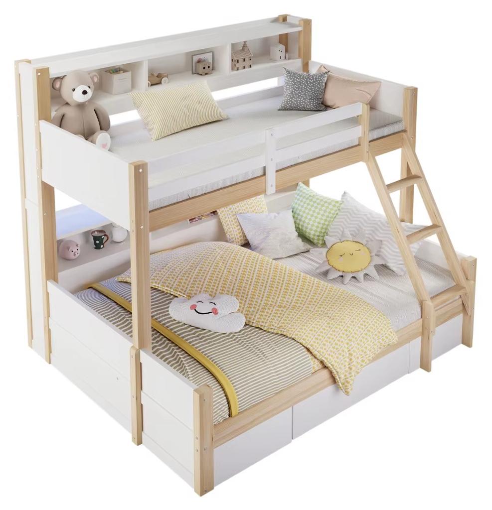 Etagenbett - Bettrahmen 140 x 200 cm - Flexibel montierbare Leiter - Sicherheitsgitter - Offene Ablagefächer - Aufbewahrungsschublade - Weiß/Natur
