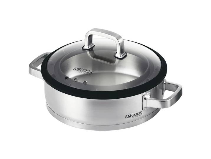 Am Cook Servierpfanne, Edelstahl, Metall, 8 cm, mit Dampfablass, für versch. Topfgrößen geeignet,hitzebeständige Griffe, Kochen, Pfannen, Servierpfannen