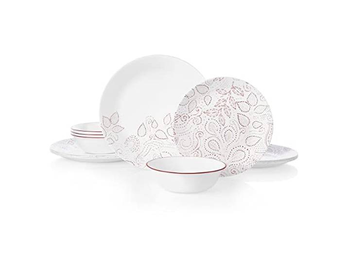 Corelle Leaf Stitch 12-teiliges Geschirr-Set für 4 Personen, rot