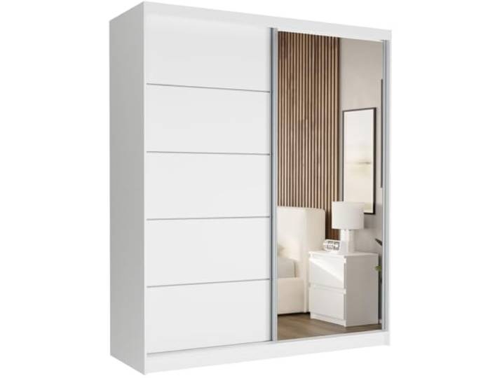 Easy4You Krudox Weiß 180 cm Schiebetürenschrank Kleiderschrank mit Spiegel Schlafzimmermöbel Mehrzweckschrank mit Kleiderstange Schrank für das Schlafzimmer