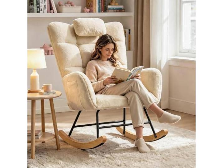 GarveeHome Schaukelstuhl Mit Kopfstütze, Hohe Rückenlehne, Beige Schaukelstuhl mit Kopfstütze, Teddy-Fleece, hohe Rückenlehne
