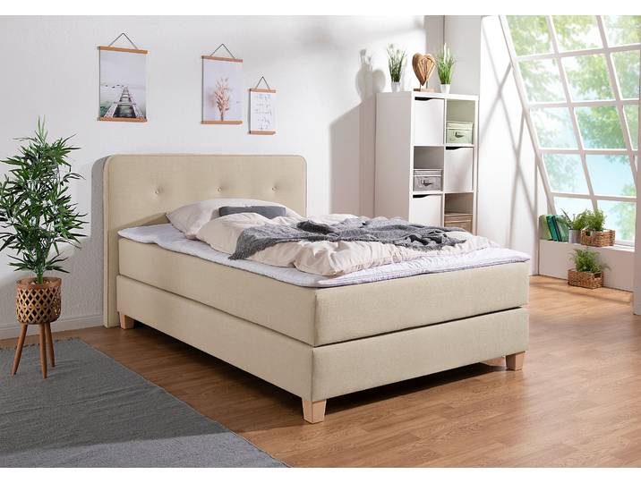 Boxspringbett, Strukturstoff, Beige, 133×207 cm, Mit Topper, Modern, Home Affaire