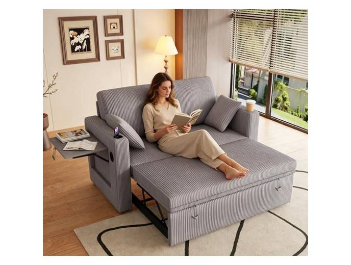 Canapé convertible 2 places – Gris – Dossier réglable 5 positions – USB/Type‑C – Porte-gobelet