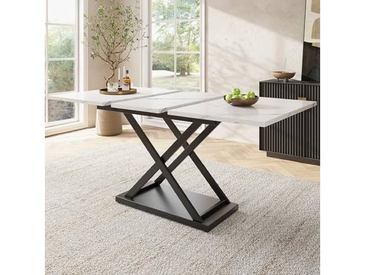 Merax Teleskoptisch Esstisch Esszimmertisch 120–160×80 cm, Ausziehbarer Küchentisch Weiß Marmor Optik, Schwarze Kreuzbeine, Multifunktional für Küche & Wohnzimmer