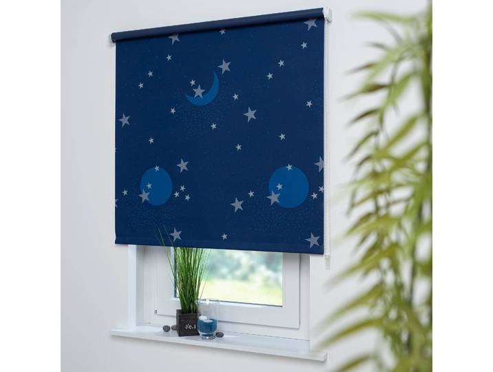 Seitenzugrollo LIEDECO Sternenhimmel Gr. 3, blau (blau, gelb), B:92cm H:180cm, Polyester, Rollos, Seitenzugrollo
