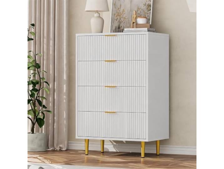 GarveeLife Kommode Wellenfront 4 Schubladen 60×40×94 cm Warmweiß Goldene Griffe und Metallfüße ergänzen das elegante Design, ideal für Schlafzimmer und Wohnzimmer