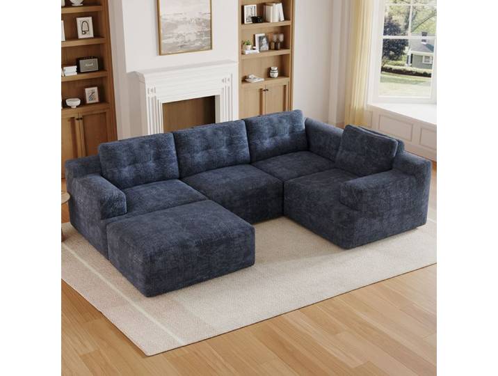 Canapé modulaire sectionnel L ou U mousse intégrale sans cadre sans montage revêtement chenille Bleu