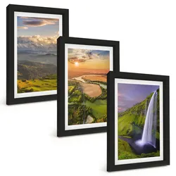 BILDER SET 3er Set - 20x30 cm Schwarzer Rahmen - Gebirgsflüsse, Wasserfälle, Natur