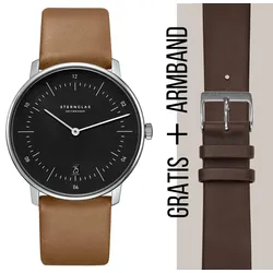 STERNGLAS - NAOS - schwarz - silber - premium braun / 38MM + gratis Armband Premium dunkelbraun