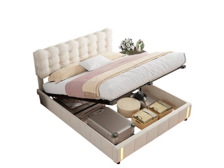 Shopentra Polsterbett 160x200 Beige Samt Hydraulik Sensorleselampe, Metall, 160x200 cm, Schlafzimmer, Betten, Polsterbetten